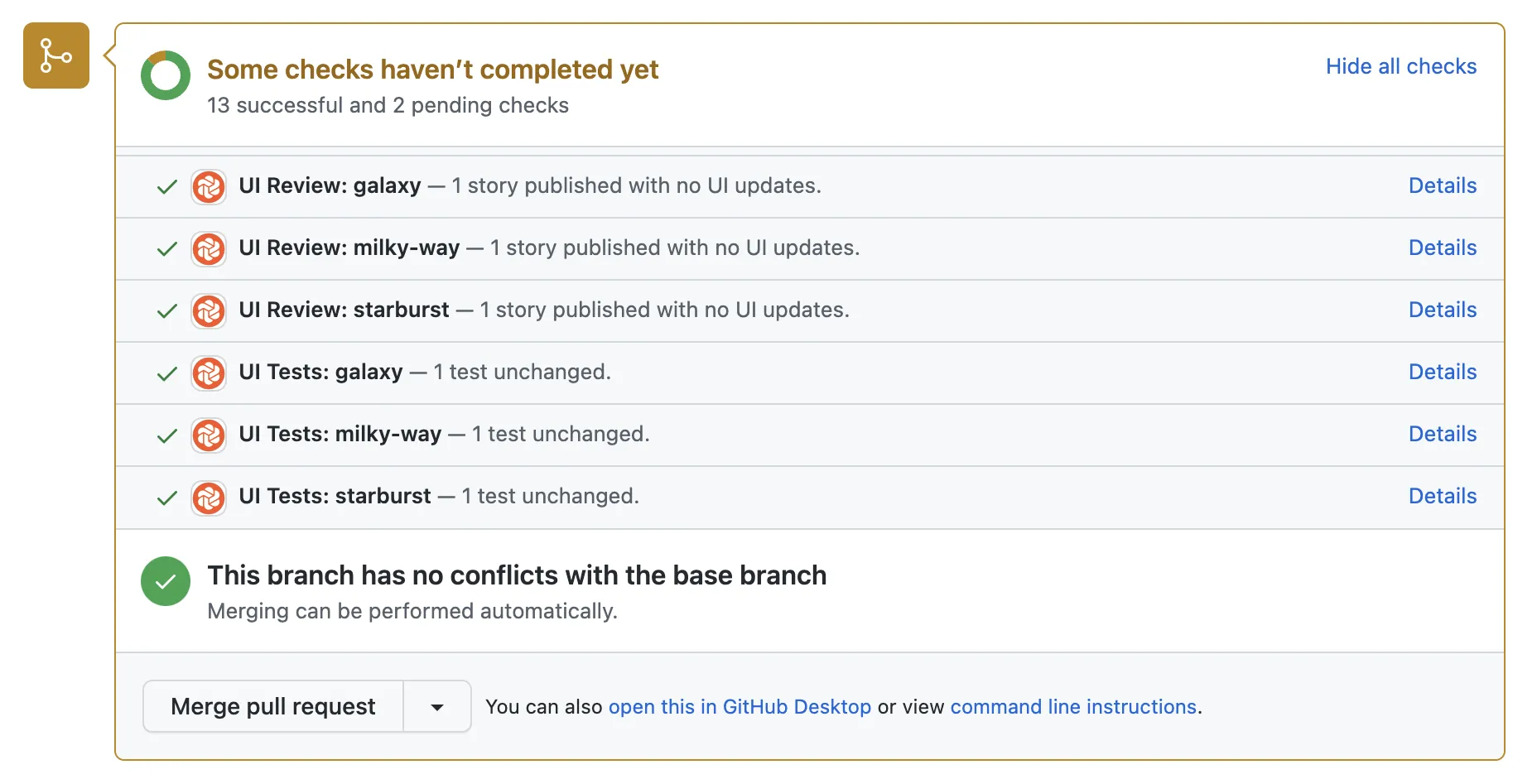 GitHub pull request that shows status checks from multiple Chromatic projects